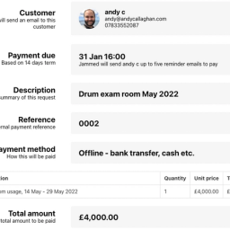 A form showing the creation of an invoice in Jammed